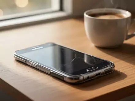 Ein älteres Samsung Galaxy Smartphone liegt auf einem hölzernen Schreibtisch in natürlichem Licht. - Foto: über boerse-global.de