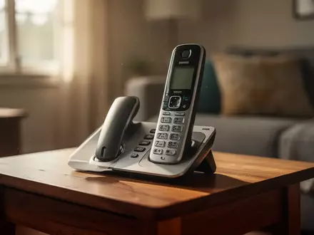 Ein schnurloses Telefon auf einem Holztisch in einem hellen, wohnlichen Zimmer. - Foto: über boerse-global.de