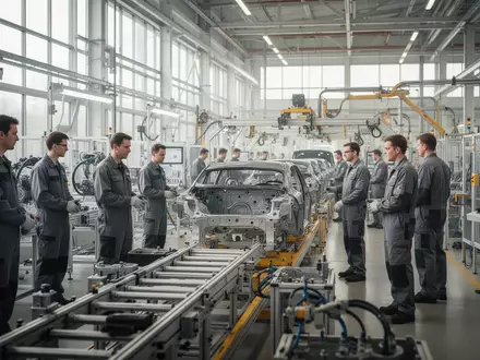Arbeiter in einer modernen deutschen Industriehalle an einer Fertigungsstraße. - Foto: über boerse-global.de