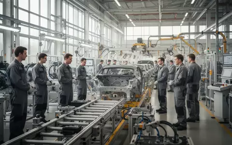 Arbeiter in einer modernen deutschen Industriehalle an einer Fertigungsstraße. - Foto: über boerse-global.de