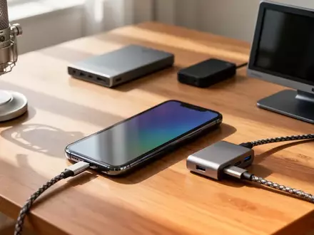 Ein iPhone mit USB-C-Anschluss, verbunden mit einem USB-C-Hub und verschiedenen Peripheriegeräten auf einem Schreibtisch. - Foto: über boerse-global.de