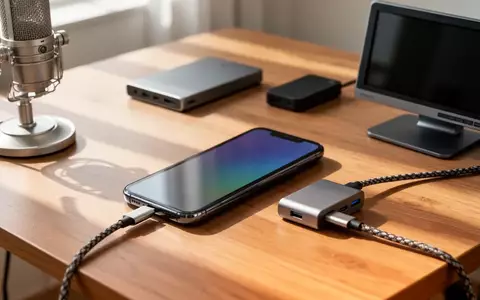 Ein iPhone mit USB-C-Anschluss, verbunden mit einem USB-C-Hub und verschiedenen Peripheriegeräten auf einem Schreibtisch. - Foto: über boerse-global.de