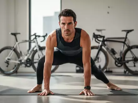 Ein Radsportler in Sportkleidung praktiziert Yoga in einem hellen Studio, im Hintergrund ist schemenhaft ein Rennrad zu sehen. - Foto: über boerse-global.de