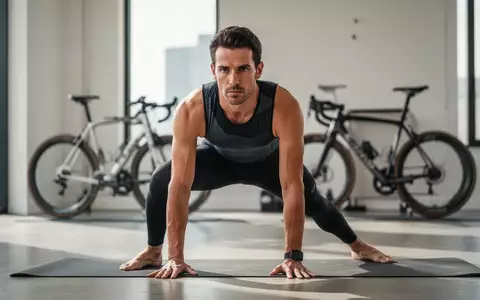 Ein Radsportler in Sportkleidung praktiziert Yoga in einem hellen Studio, im Hintergrund ist schemenhaft ein Rennrad zu sehen. - Foto: über boerse-global.de