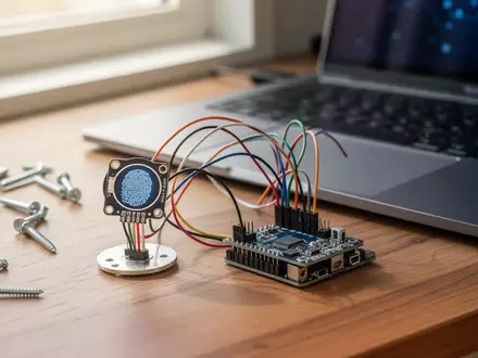Ein selbstgebauter Fingerabdrucksensor mit Mikrocontroller, der per USB mit einem Laptop verbunden ist. - Foto: über boerse-global.de