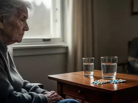 Eine ältere Person sitzt nachdenklich an einem Fenster neben einem Glas Wasser und Medikamenten. - Foto: über boerse-global.de