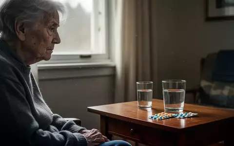 Eine ältere Person sitzt nachdenklich an einem Fenster neben einem Glas Wasser und Medikamenten. - Foto: über boerse-global.de