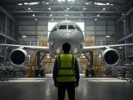 Ein Ingenieur in einer Boeing-Flugzeughalle vor einer Fertigungslinie während laufender Tarifverhandlungen. - Foto: über boerse-global.de