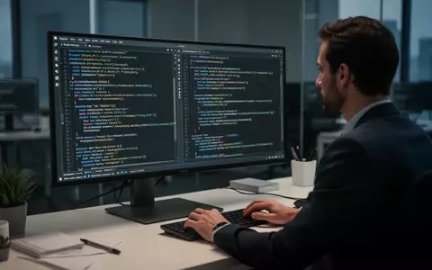 Ein Softwareentwickler arbeitet an einem Computerbildschirm mit komplexem Programmiercode in einem modernen Büro. - Foto: über boerse-global.de