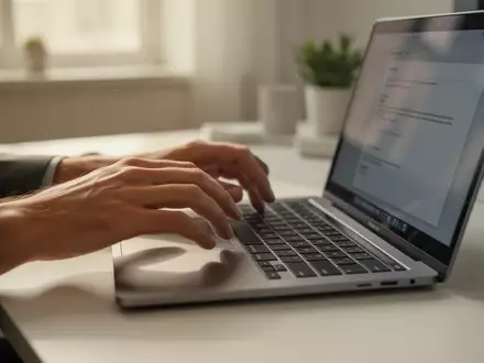 Nahaufnahme einer Person, die an einem modernen Laptop in einem hellen, minimalistischen Büro arbeitet. - Foto: über boerse-global.de