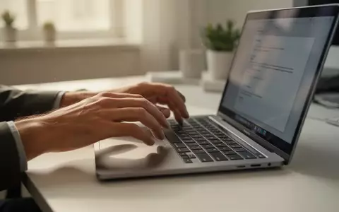 Nahaufnahme einer Person, die an einem modernen Laptop in einem hellen, minimalistischen Büro arbeitet. - Foto: über boerse-global.de