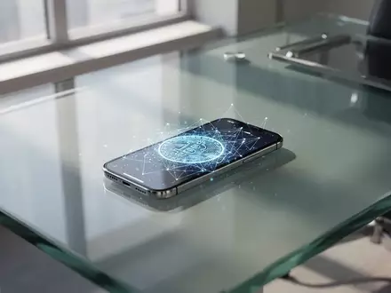 Ein modernes, minimalistisches Büro mit einem Smartphone, das eine abstrakte digitale Netzwerkgrafik anzeigt. - Foto: über boerse-global.de