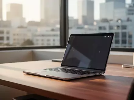 Ein minimalistischer moderner Arbeitsplatz mit einem Laptop in einem hellen Büro vor einer verschwommenen Stadtkulisse. - Foto: über boerse-global.de