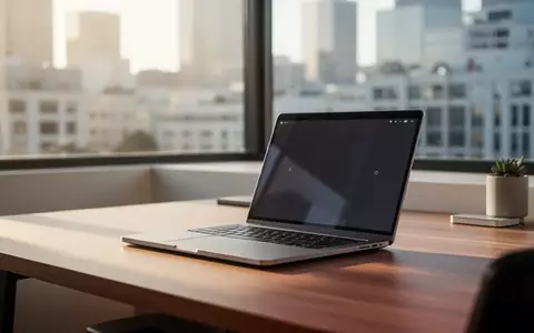 Ein minimalistischer moderner Arbeitsplatz mit einem Laptop in einem hellen Büro vor einer verschwommenen Stadtkulisse. - Foto: über boerse-global.de