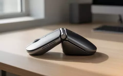 Eine faltbare, kabellose Maus in modernem Design, die halb aufgeklappt auf einem hölzernen Schreibtisch liegt. - Foto: über boerse-global.de