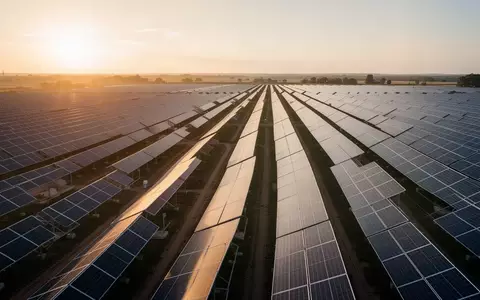 Moderne Solarpark-Anlage bei Sonnenuntergang mit weitläufigen Photovoltaik-Reihen. - Foto: über boerse-global.de