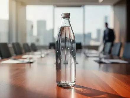 Eine gläserne Mineralwasserflasche auf einem Holztisch in einem hellen, modernen Büro. - Foto: über boerse-global.de