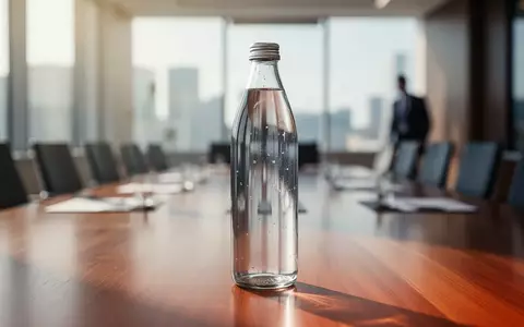 Eine gläserne Mineralwasserflasche auf einem Holztisch in einem hellen, modernen Büro. - Foto: über boerse-global.de