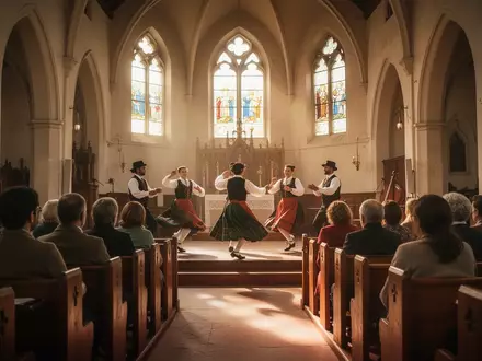 Menschen sitzen in einer historischen Kirche und beobachten eine traditionelle Tanzdarbietung vor einem Altarbereich. - Foto: über boerse-global.de