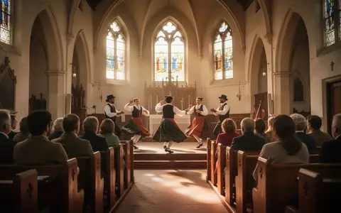 Menschen sitzen in einer historischen Kirche und beobachten eine traditionelle Tanzdarbietung vor einem Altarbereich. - Foto: über boerse-global.de