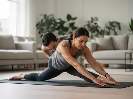 Eine Person führt in einem hellen, modernen Wohnzimmer konzentrierte Dehnübungen auf einer Fitnessmatte aus. - Foto: über boerse-global.de