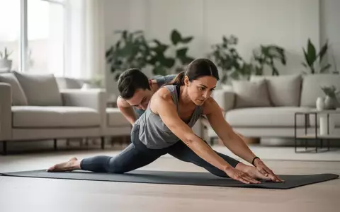 Eine Person führt in einem hellen, modernen Wohnzimmer konzentrierte Dehnübungen auf einer Fitnessmatte aus. - Foto: über boerse-global.de