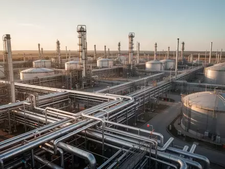 Moderne Industrieanlage mit Pipelines und Speichertanks einer Energieinfrastruktur bei Sonnenuntergang. - Foto: über boerse-global.de