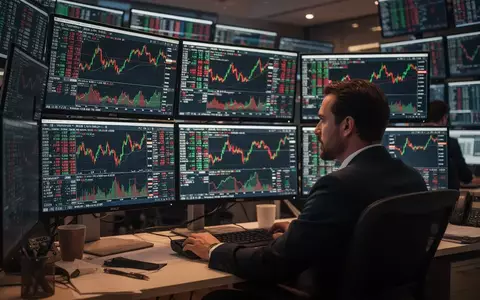 Ein professioneller Händler an einem Schreibtisch mit mehreren Monitoren, die komplexe Börsencharts anzeigen. - Foto: über boerse-global.de