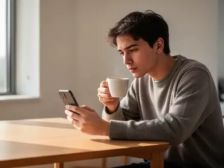 Ein junger Erwachsener sitzt nachdenklich an einem Schreibtisch mit einem Smartphone und einer Kaffeetasse. - Foto: über boerse-global.de