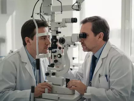 Ein Augenarzt untersucht in einer modernen Praxis mit einem Spaltlampenmikroskop das Auge eines Patienten. - Foto: über boerse-global.de