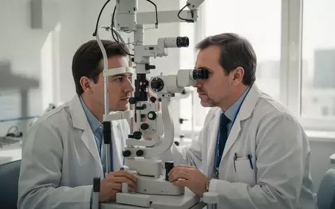 Ein Augenarzt untersucht in einer modernen Praxis mit einem Spaltlampenmikroskop das Auge eines Patienten. - Foto: über boerse-global.de