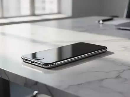 Ein hochwertiges Smartphone liegt auf einem minimalistischen Schreibtisch in einem hellen, professionellen Büro. - Foto: über boerse-global.de