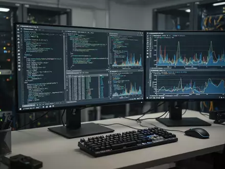 Ein moderner IT-Arbeitsplatz mit Monitoren, die komplexe Terminal-Befehle und Datenanalysen anzeigen, in einer professionellen Büroumgebung. - Foto: über boerse-global.de