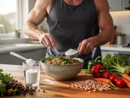 Ein Sportler bereitet in einer modernen Küche eine pflanzliche Mahlzeit zu, daneben steht ein Glas mit Kreatin-Pulver. - Foto: über boerse-global.de