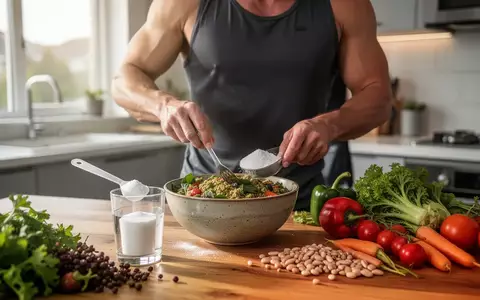 Ein Sportler bereitet in einer modernen Küche eine pflanzliche Mahlzeit zu, daneben steht ein Glas mit Kreatin-Pulver. - Foto: über boerse-global.de