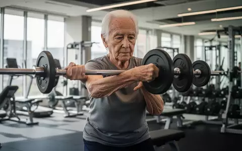 Eine ältere Person trainiert in einem hellen Fitnessstudio mit Gewichten, um die Muskelkraft für gesundes Altern zu stärken. - Foto: über boerse-global.de