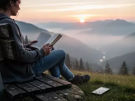 Eine Person liest entspannt ein Buch in einer Berglandschaft, während ein Smartphone ungenutzt neben ihr auf dem Boden liegt. - Foto: über boerse-global.de