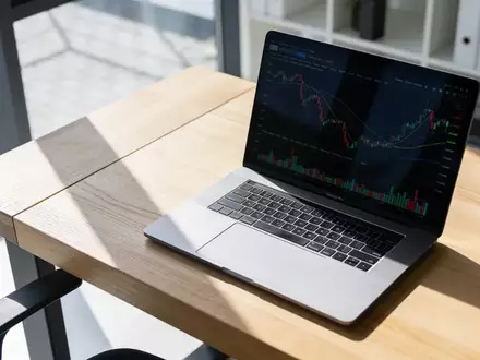 Ein minimalistischer Büroarbeitsplatz mit einem Laptop, auf dem abstrakte Finanzdiagramme ohne Text zu sehen sind. - Foto: über boerse-global.de