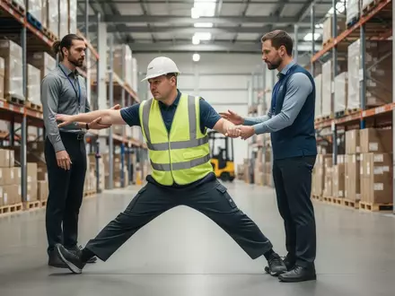 Ein Sportwissenschaftler leitet einen Zusteller in einem Logistikzentrum bei rückenschonenden Dehnübungen an. - Foto: über boerse-global.de