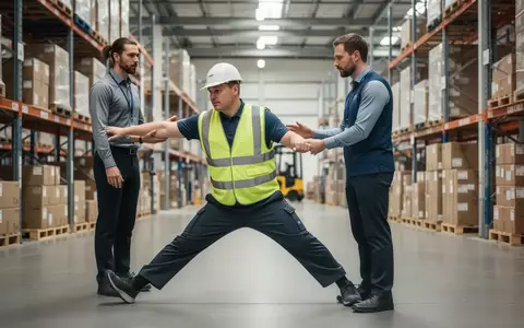 Ein Sportwissenschaftler leitet einen Zusteller in einem Logistikzentrum bei rückenschonenden Dehnübungen an. - Foto: über boerse-global.de
