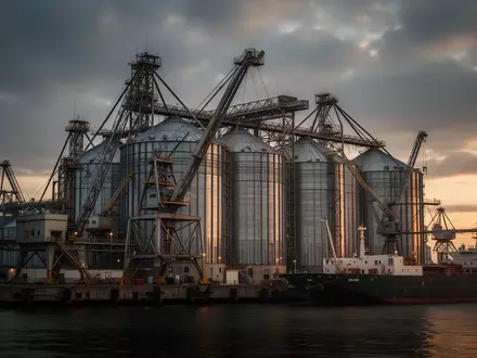 Industrielle Getreidesilos und Verladeanlagen in einem Hafen bei Sonnenuntergang. - Foto: über boerse-global.de