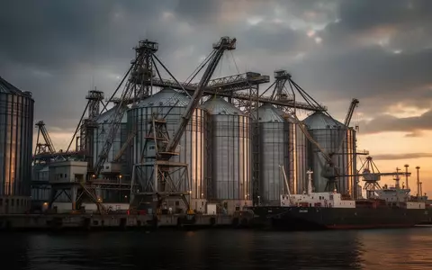 Industrielle Getreidesilos und Verladeanlagen in einem Hafen bei Sonnenuntergang. - Foto: über boerse-global.de