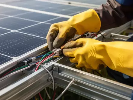 Elektriker bei der Wartung einer Photovoltaikanlage mit speziellen Isolierhandschuhen. - Foto: über boerse-global.de