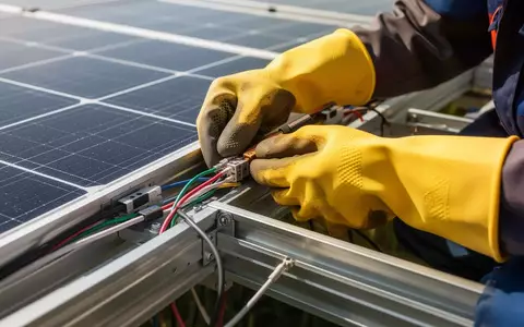 Elektriker bei der Wartung einer Photovoltaikanlage mit speziellen Isolierhandschuhen. - Foto: über boerse-global.de