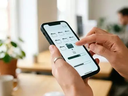 Nahaufnahme einer Person, die auf einem Smartphone eine Dateiverwaltungs-App in einem hellen Büro bedient. - Foto: über boerse-global.de