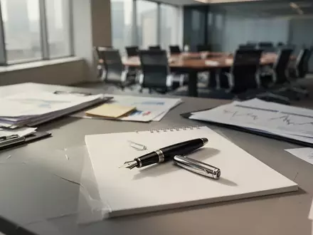 Ein Schreibtisch eines Finanzanalysten mit einem Füllfederhalter auf einem leeren Notizblock in einem modernen Büro. - Foto: über boerse-global.de
