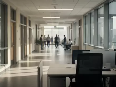 Ein leerer Flur in einem modernen Bürogebäude mit Blick auf einen unbesetzten Arbeitsplatz. - Foto: über boerse-global.de