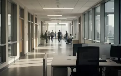 Ein leerer Flur in einem modernen Bürogebäude mit Blick auf einen unbesetzten Arbeitsplatz. - Foto: über boerse-global.de