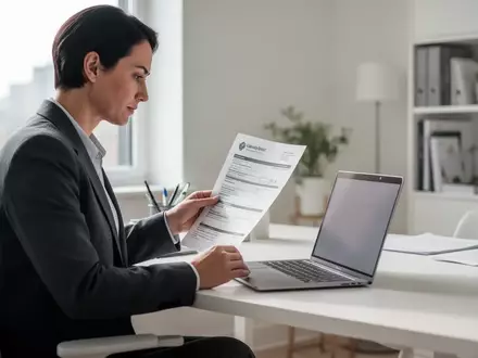 Person im Homeoffice hält ein ärztliches Attest vor einem Laptop, während sie über ihre Urlaubsansprüche bei Krankheit nachdenkt. - Foto: über boerse-global.de