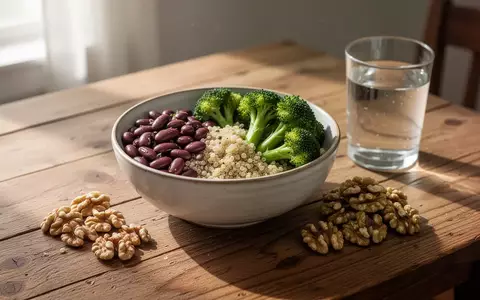 Eine Schale mit Bohnen, Quinoa und Brokkoli sowie Nüsse auf einem Holztisch als Symbol für eine nährstoffreiche Ernährung. - Foto: über boerse-global.de